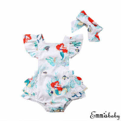 

US Infant Baby Girls Mermaid Romper BodysuitCute Headband Clothes Outfit Set