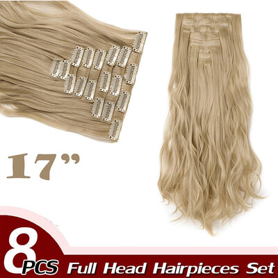 

17" Curly Hair Full Head Clip in Hair Extensions Synthetic 8 Piece 18 Clips Hairpiece Long Wave Trendy Design for Women