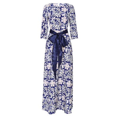 

Trendy Round Collar 34 Sleeve Print Tie Maxi Dress for Women