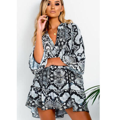 

Sexy Women Plunged Leopard Print Frill Hem Shift Skater Shirt Dress Party Top