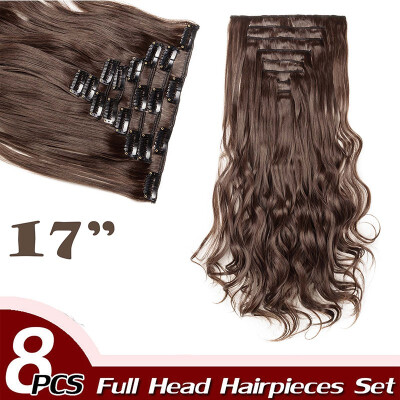 

17" Curly Hair Full Head Clip in Hair Extensions Synthetic 8 Piece 18 Clips Hairpiece Long Wave Trendy Design for Women
