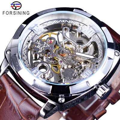 

Forsining Skeleton Clock Brown Genuine Leather Water Resistant Automatic Self-winding Watches for Men Sports Watches