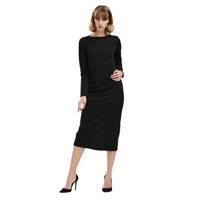 

Simple Round Collar Long SLeeve Zipper Design Skinny Women Midi Dress