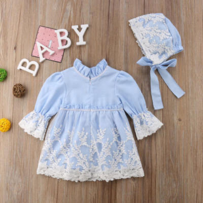 

Toddler Girl Princess Dress Kids Long Sleeve LaceHat Party Tutu Dresses Clothes