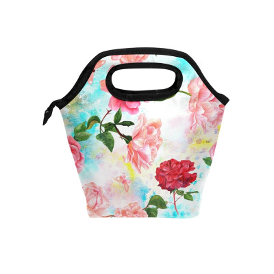 

Red Pink Flower Lunch Bag Tote Travel Picnic Insulated Handbags Portable Zipper Lunch Bag Box