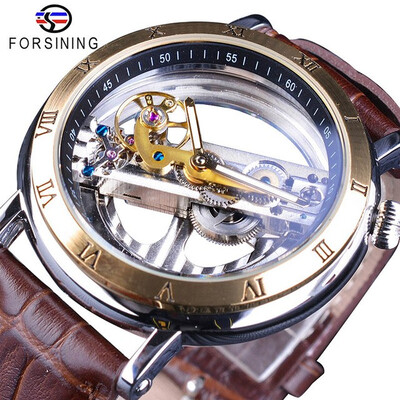 

Forsining Minimalist Design Double Side Transparent Black Genuine Leather Men Business Openwork Watch Luxury Mechanical Watch