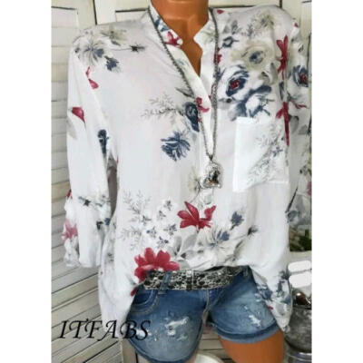 

Summer Womens Ladies Casual Tops Blouse Long Sleeve V Neck Floral T-Shirt Shirt