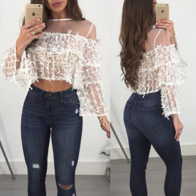 

Women Sheer Mesh Fish Net Long Sleeve Crew Neck See Crop Top T-Shirt Blouse