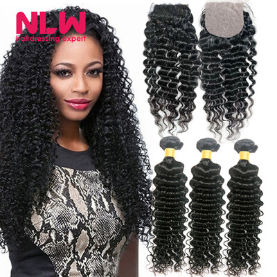 

NLW Hair Brazilian Deep Wave Black Women Free Ship 100 Unprocessed Virgin Human Hair with 44 inch Lace Closure