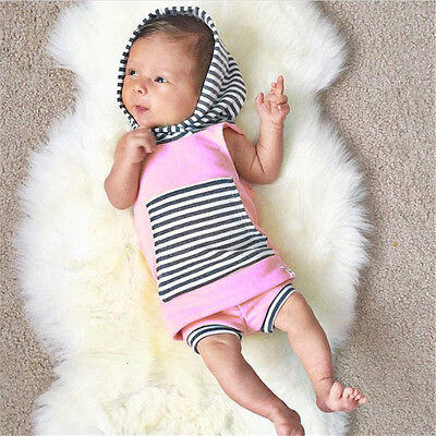 

Newborn Baby Girls Tops Hooded Vest Pants Shorts Outfits Striped Cotton Clothes