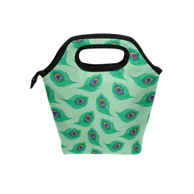 

Lunch Tote Bag Green Feather Travel Picnic Insulated Lunch Handbags Portable Zipper Lunch Bag Box