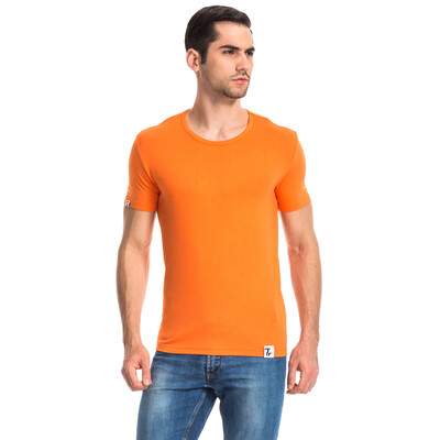 

Three-shot men&39s short-sleeved Shu skin Lycra cotton round neck short sleeve men&39s shirt orange L