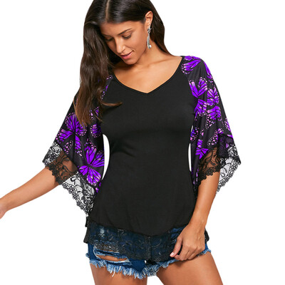 

Butterfly Raglan Sleeve T-shirt with Lace Trim