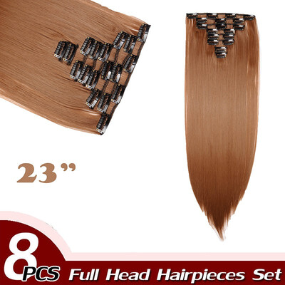 

17" Straight 8 Pcs Full Head Clip in Hair Extensions Synthetic 8 Piece 18 Clips Hairpiece Long Straight for Women