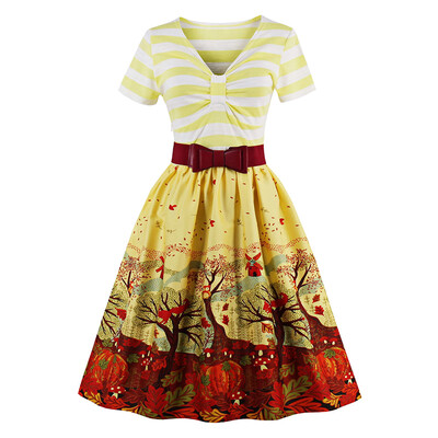 

Vintage Striped Elk Forest Print Pin Up Christmas Dress