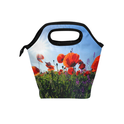 

Insulated Lunch Tote Bag Red Flower Travel Picnic Lunch Handbags Portable Zipper Lunch Bag Box