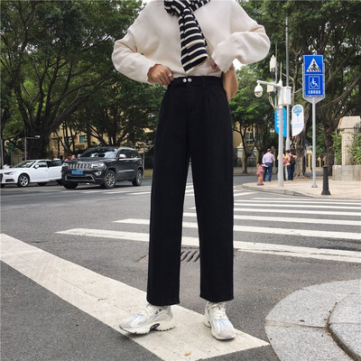

Korean version of loose jeans with fleece thickened jeans high waist two button straight leg trousers wide leg pants nine points