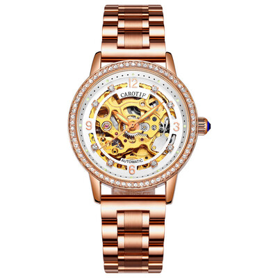 

Fashion Elegant Women Mechanical Wrist Watches Leather Watchband Female Automatic Clock Crystal Decoration Skeleton Dial