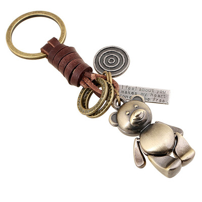 

MyMei New 12CM Alloy Bear Keyrings Button Retro Women Leather Key Chain Small Gift