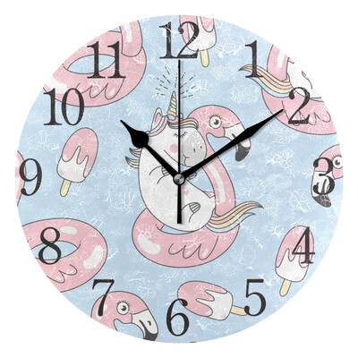 

Wall Clock Pattern With Cute Unicorns Round Wall Clock Arabic Numerals Design