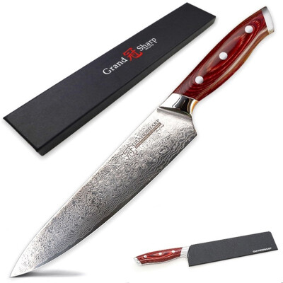 

Grandsharp 8 Inch Damascus Chef Knife 67 Layers VG10 Japanese Damascus Knives Kitchen Cutting Knife Pakka Handle with Gift Box