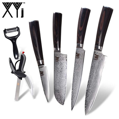 

XYj Damascus Knife 8" 8" 7" 35" Color Wood Handle Kitchen Knife 73 Layers Damascus Steel Cooking Tools And Peeler Scissor