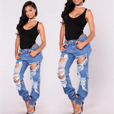 

Womens Destroyed Ripped Distressed Slim Denim Pants Boyfriend Jeans Trousers New