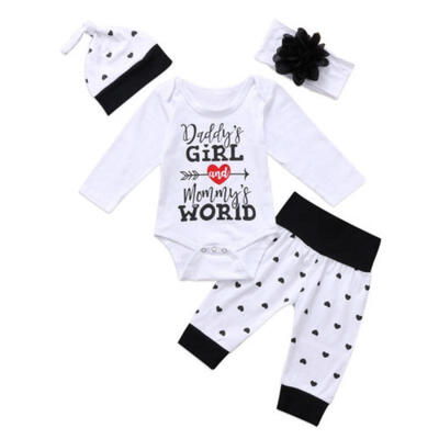 

Newborn Baby Girls Cotton Tops Romper Pants Pants Hat Headband Outfits 4Pcs Set