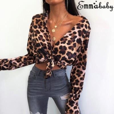 

Women Sexy V-Neck Slim Crop Tops Long Sleeve Leopard Print Shirt Clubwear Blouse