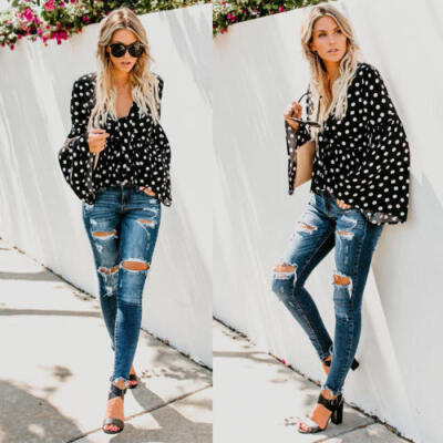 

Womens Boho Polka Dots V-neck Long Sleeve Shirt Ladies Loose Casual Tops Blouse