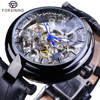 

Forsining Retro Flower Design Automatic Clock Blue Hands Mens Mechanical Watches Skeletons Black Genuine Leather Luminous Hands