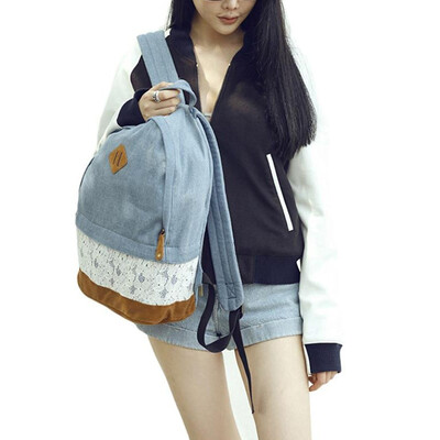 

MyMei Fashion Lace Denim Women Canvas Backpack School Bag
