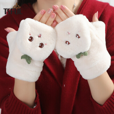 

Tsful gloves female winter cute plush flip fingerless plus velvet thick warm student writing cartoon uba gloves A3557C white