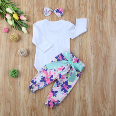 

UK Stock 3pcs Infant Baby Girl Floral Outfits Jumpsuit Romper Pants Headband Set