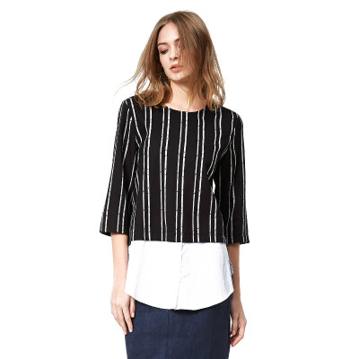 

UR women stripes hit color round neck loose fashion city blouse shirt WG32S2CN2001 deep black