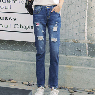 

Long Yue Women Korean College Wind Patch Buried Pants Jeans Pants LWKN172424 Dark Blue