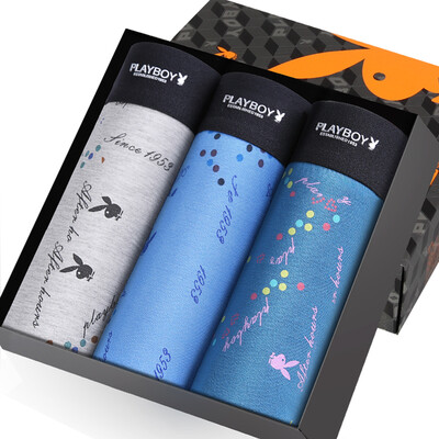 

Playboy men&39s underwear panties men&39s flat pants breathable printing four pants 3 gift box loaded gray blue ink blue combination installed XXL