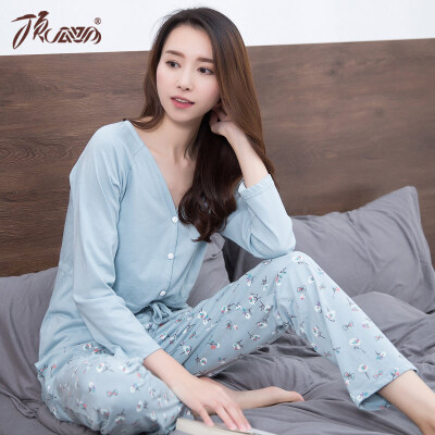 

Top melon pajamas women cotton V - neck long - sleeved home service t80136 light blue print