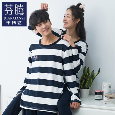 

Thousands of lines fall men&women couples pajamas long sleeves pants men&women Korean regular home service uniforms suit Q563105 blue stripes - female L