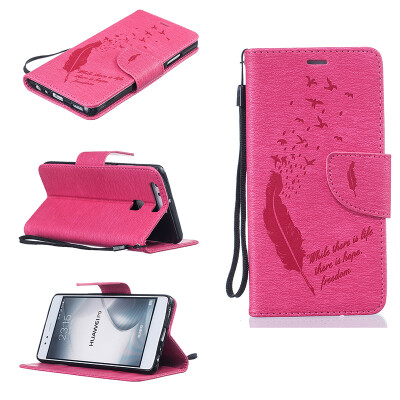 

Rose red Feathers and birds Style Embossing Classic Flip Cover with Stand Function and Credit Card Slot for HUAWEI P9