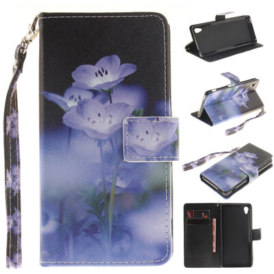 

Blue flower Design PU Leather Flip Cover Wallet Card Holder Case for SONY Xperia M4 Aqua
