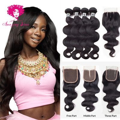 

Amazing Star Hair 7A Body Wave Brazilian Virgin Hair 4 Bundles with 4x4 Closure Body Wave with 4x4 Closure Thick and Soft