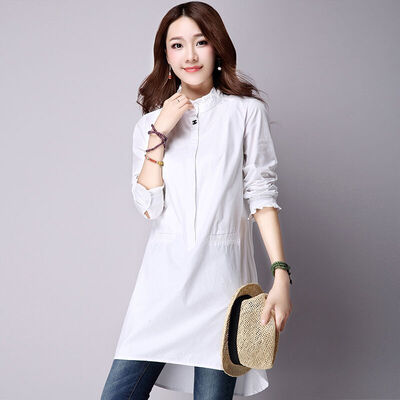 

JIANZHI JIANZHI 2017 Autumn Cotton Dresses Sen Department of loose loose large cotton semi-high collar ladies temperament long sleeves dress B8501 white