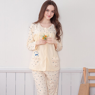 

Red beans home Hodohome pajamas women spring&autumn cotton long-sleeved cartoon wave point leisure home service set beige 170 92A