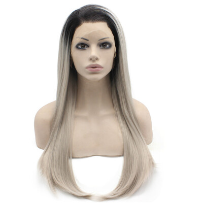 

Long Straight Ombre Black Gray Blonde Two Tone Lace Front Wig