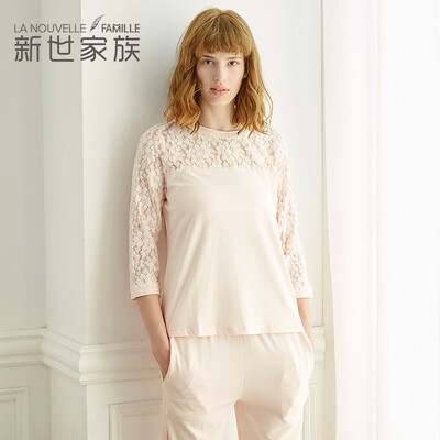 

Jingdong Supermarket New Century family pajamas spring cotton 2017 new suit long-sleeved trousers lace home service XB57001 pink XL
