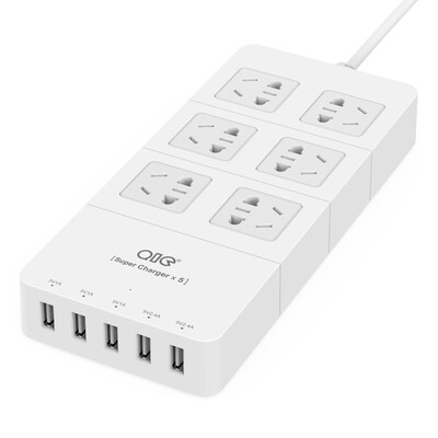 

QIC HP6A5U-WH Smart 5USB Зарядное устройство 8A + 6-разрядное 1,5-метровое грозозащитное сетевое защитное устройство для защиты от грозовых разрядов / плагина / патч-панели / панель управления белым цветом