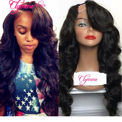 

Clymene Hair Unprocessed Wavy U Part Wig with Side Part Bangs Real Human Hair Narrow Part U Part Brazilian Virgin Wigs For Women