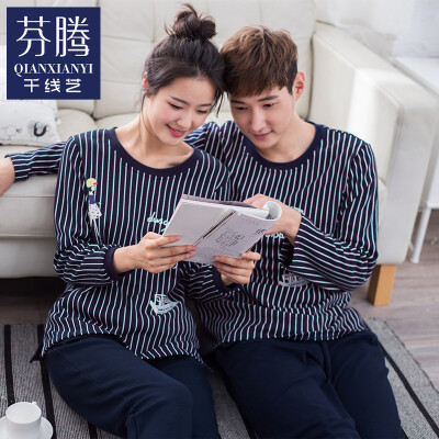 

Qian line art autumn Korean couple men&women pajamas long-sleeved striped cartoon home service suit Q563154 Po Lan - male L