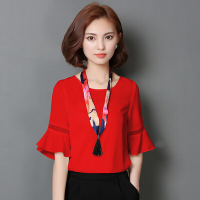 

sustory Women&39s Wear 2017 spring&summer round neck collar pure color wild printing scarves in the sleeve speaker chiffon shirt female jacket SU033 red XL
